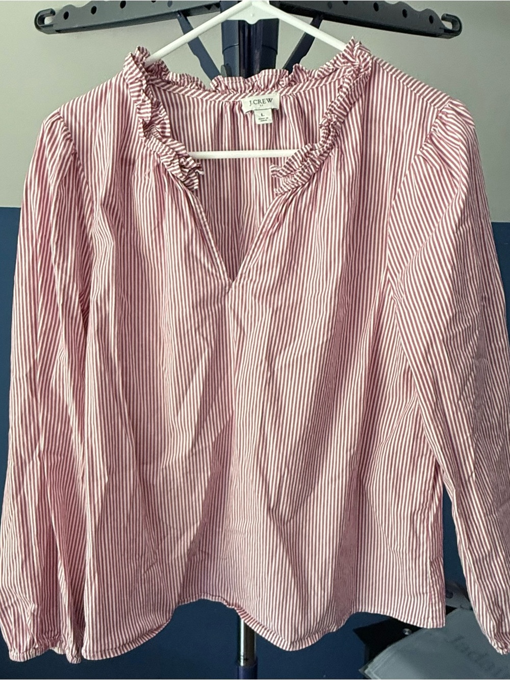 J.Crew Striped Ruffle Neck Blouse Womenβs L Pink White Long Sleeve Preppy